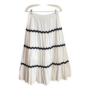 White Tiered Midi Skirt Large Black Rickrack Trim Elastic Waist Boho Prairie